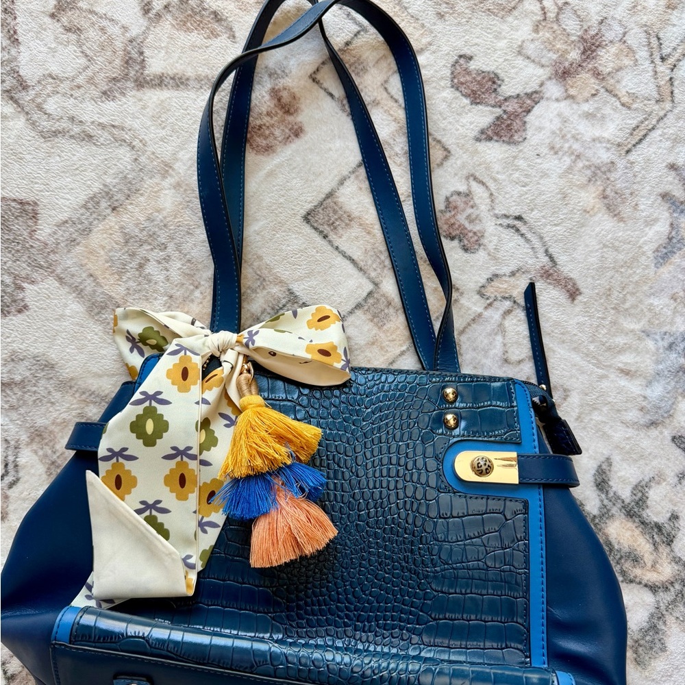 MC Genuine Leather Elegant Blue Croc-Embossed Women's Bag with Scarf Accent